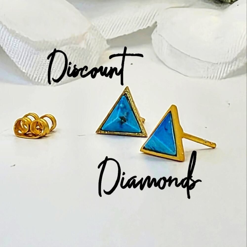 Triangluar Real Turquoise and 18K Yellow Gold Stud Earrings